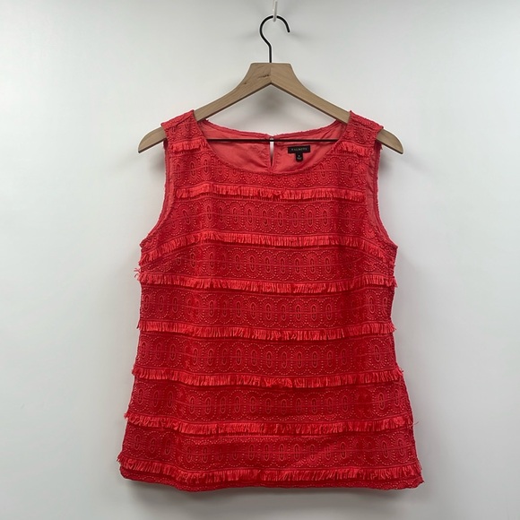 Talbots Tops - Talbots Crochet Striped Fringe Knit Sleeveless Blouse Boho Coral Red 6